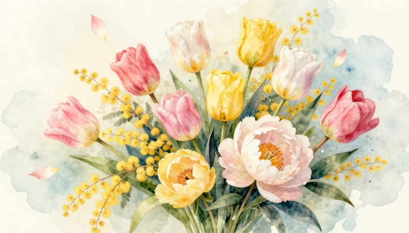 A beautiful watercolor painting of a lush spring bouquet fea...