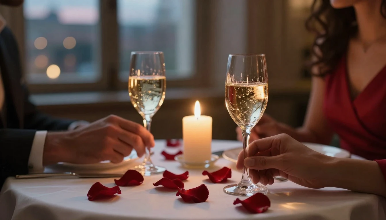A close-up cinematic shot of a beautifully set dinner table ...
