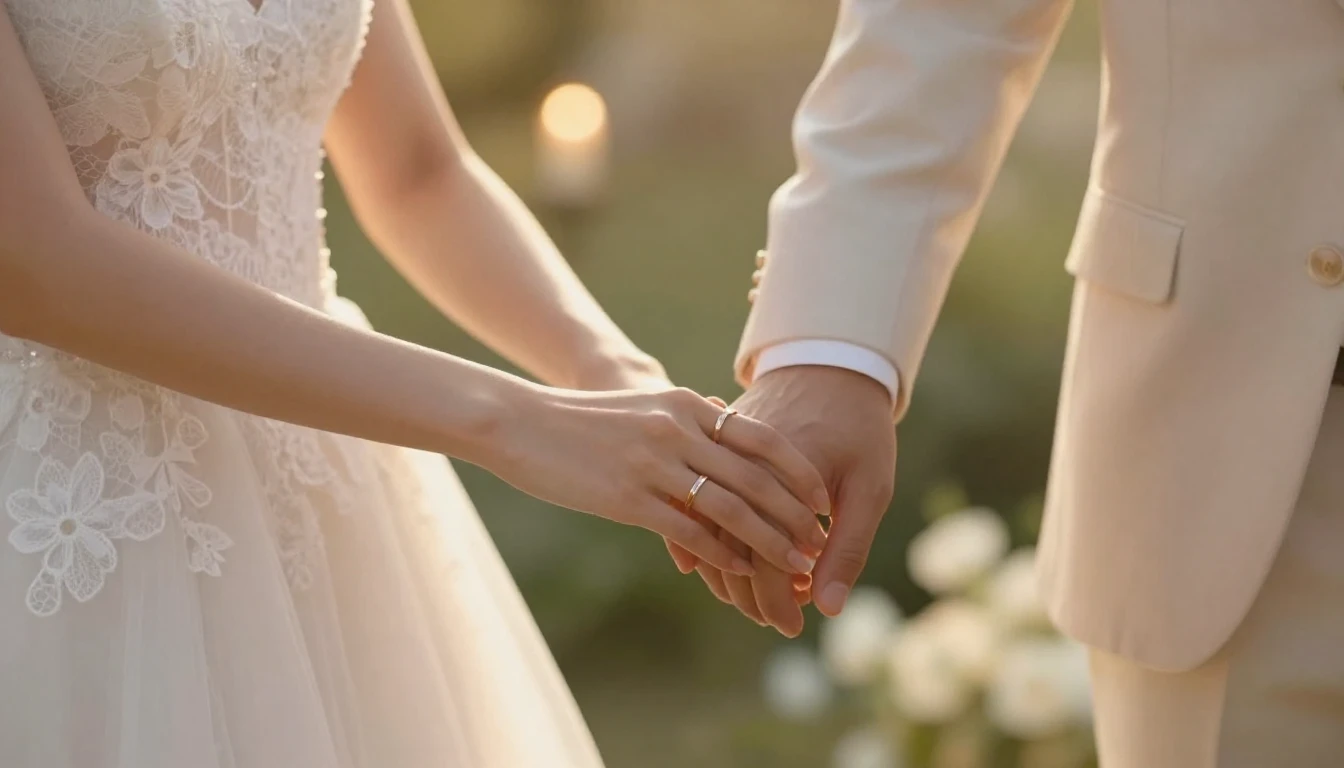 A romantic close-up illustration of a bride and groom holdin...
