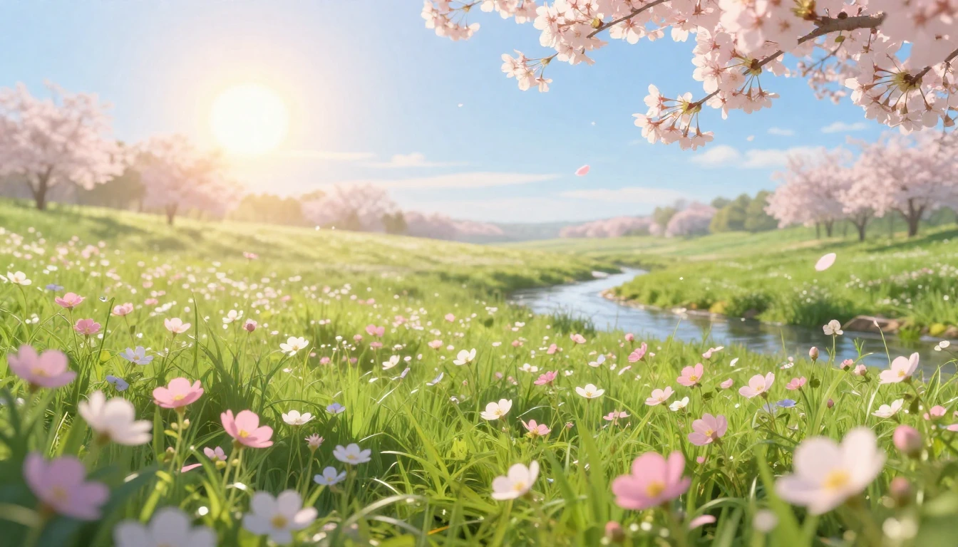 A serene landscape featuring a lush green meadow filled with...