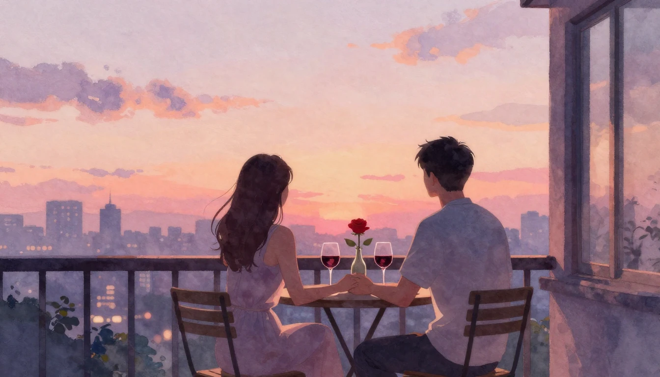 A romantic watercolor painting of a couple sitting on a smal...