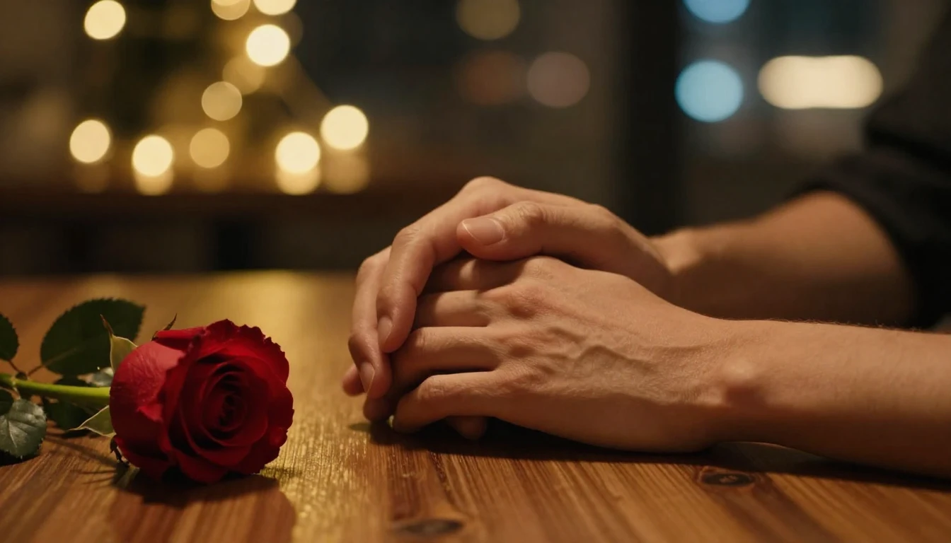 A cinematic close-up shot of a couple's hands gently intertw...