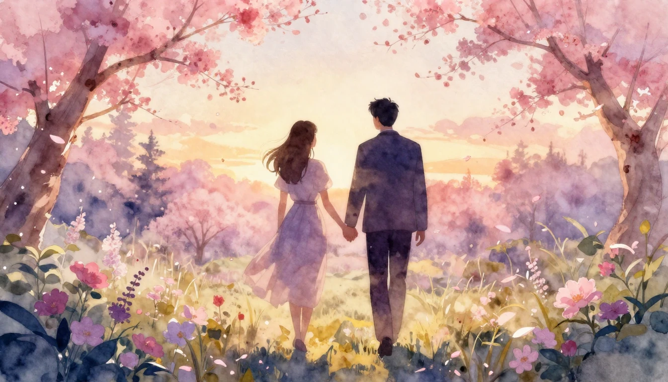 A beautiful watercolor painting of two silhouettes walking h...