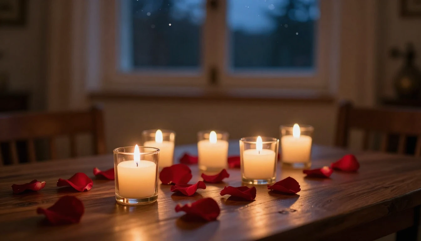 A cozy, intimate indoor setting during twilight. A wooden ta...