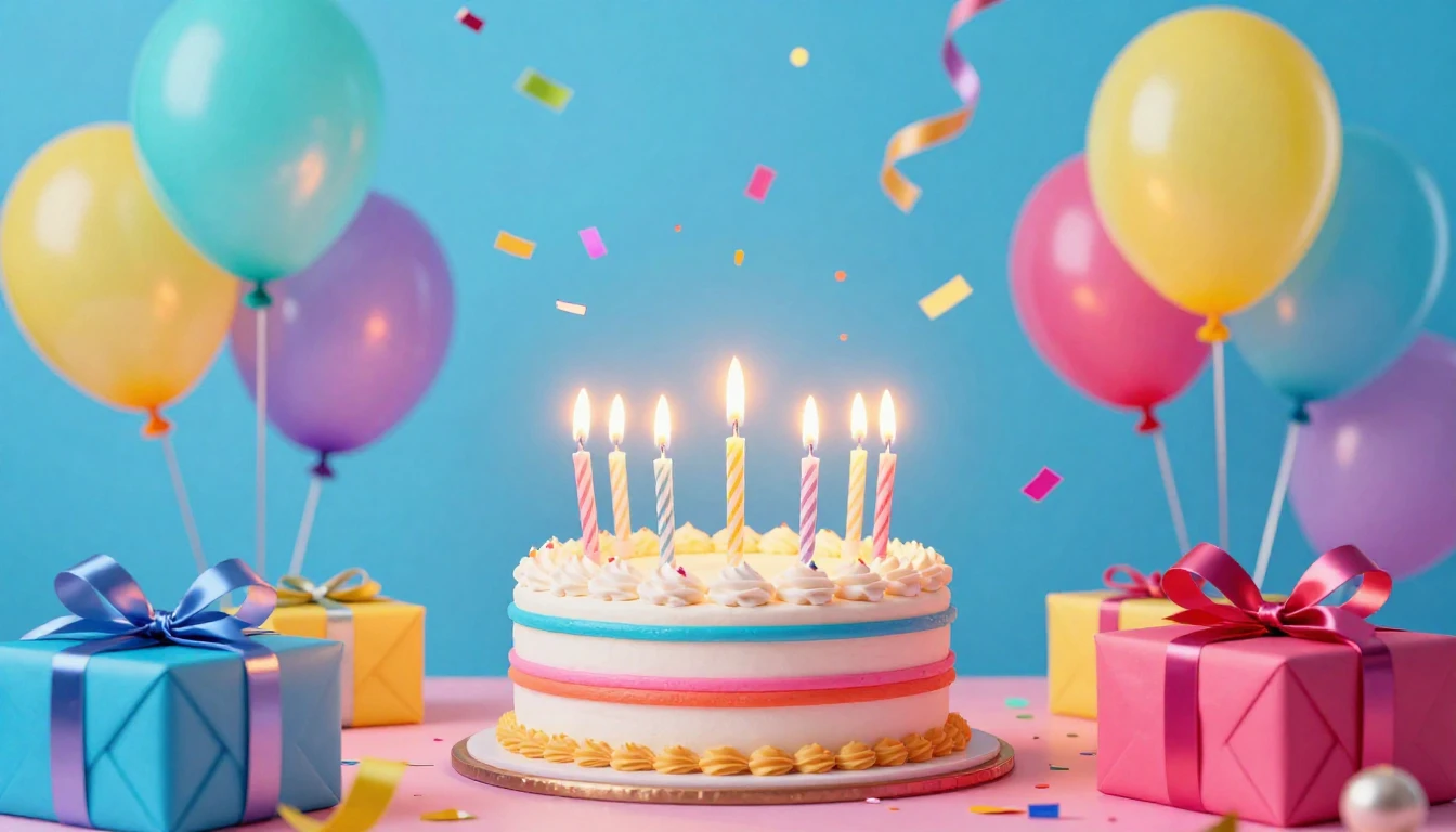 A vibrant, cheerful birthday celebration scene. A bright bir...