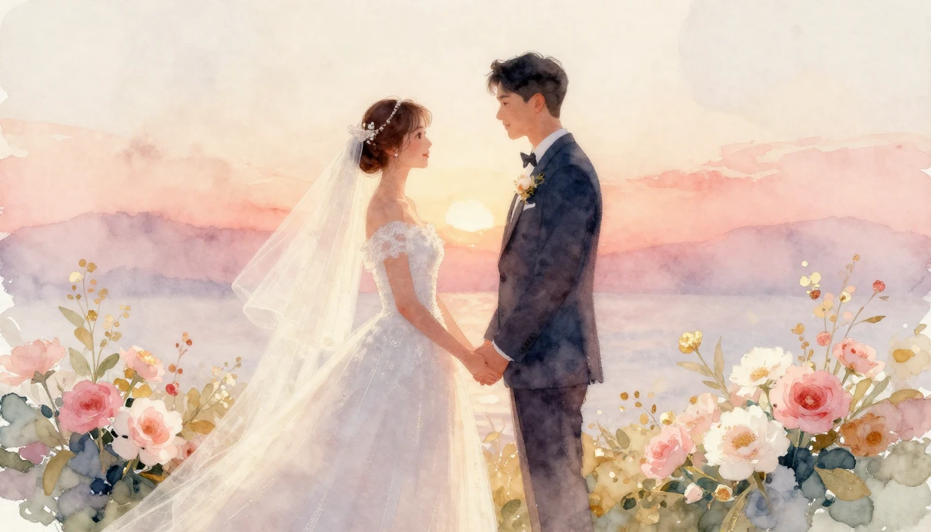 A soft and dreamy watercolor painting of a bride and groom s...