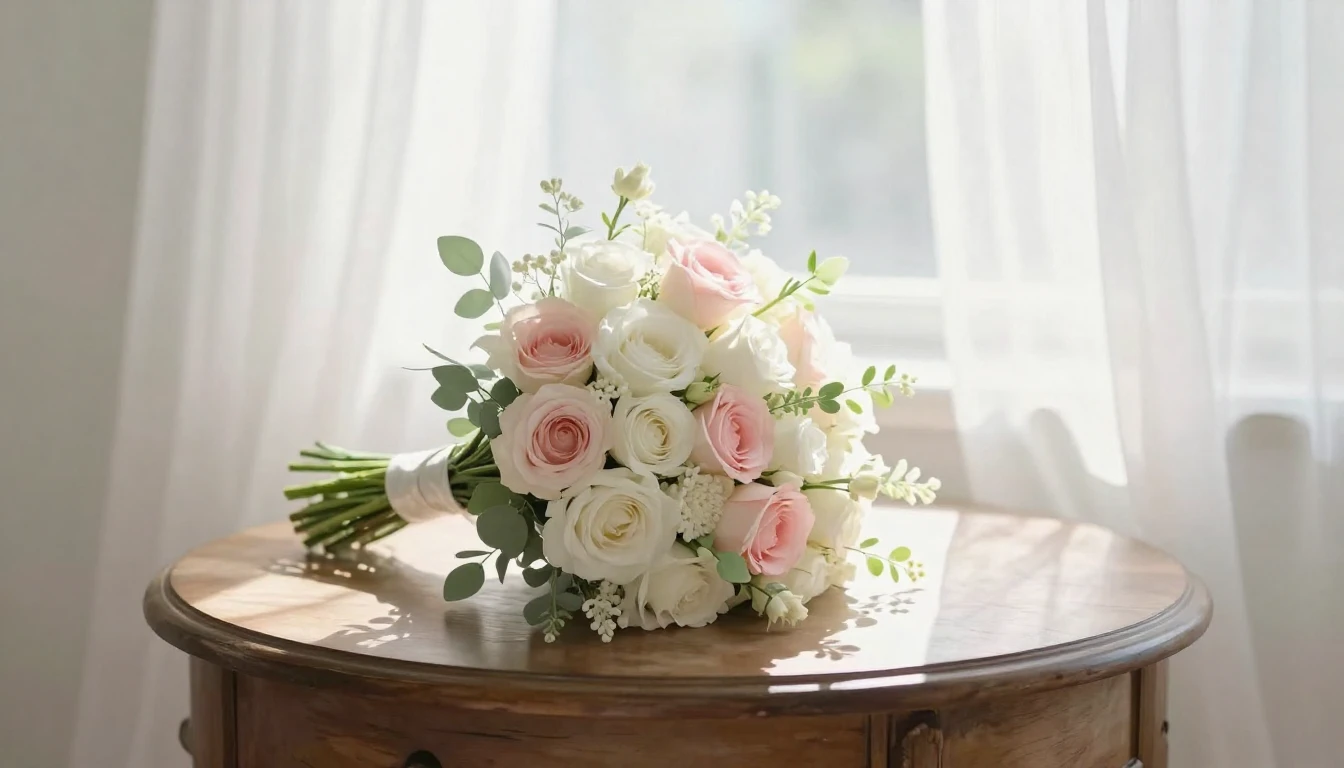 A soft and romantic illustration of a white wedding bouquet ...