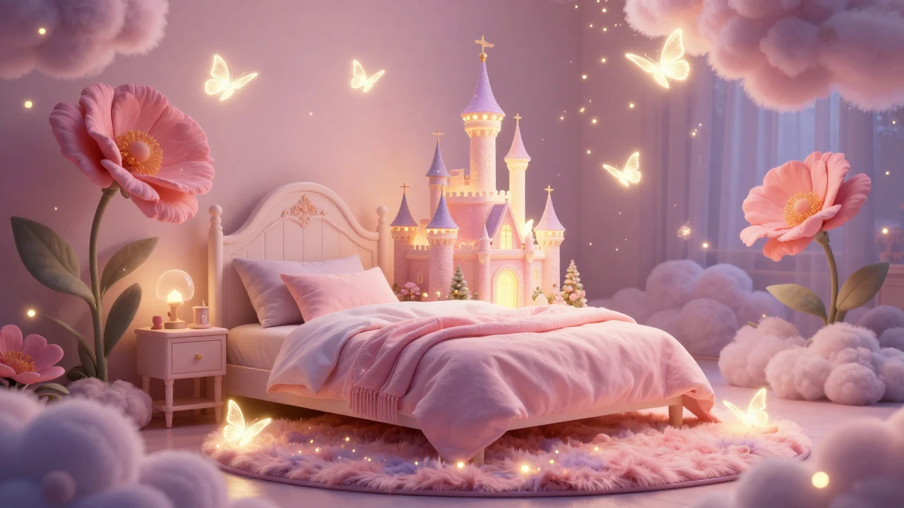 A magical bedroom setting filled with glowing butterflies, p...