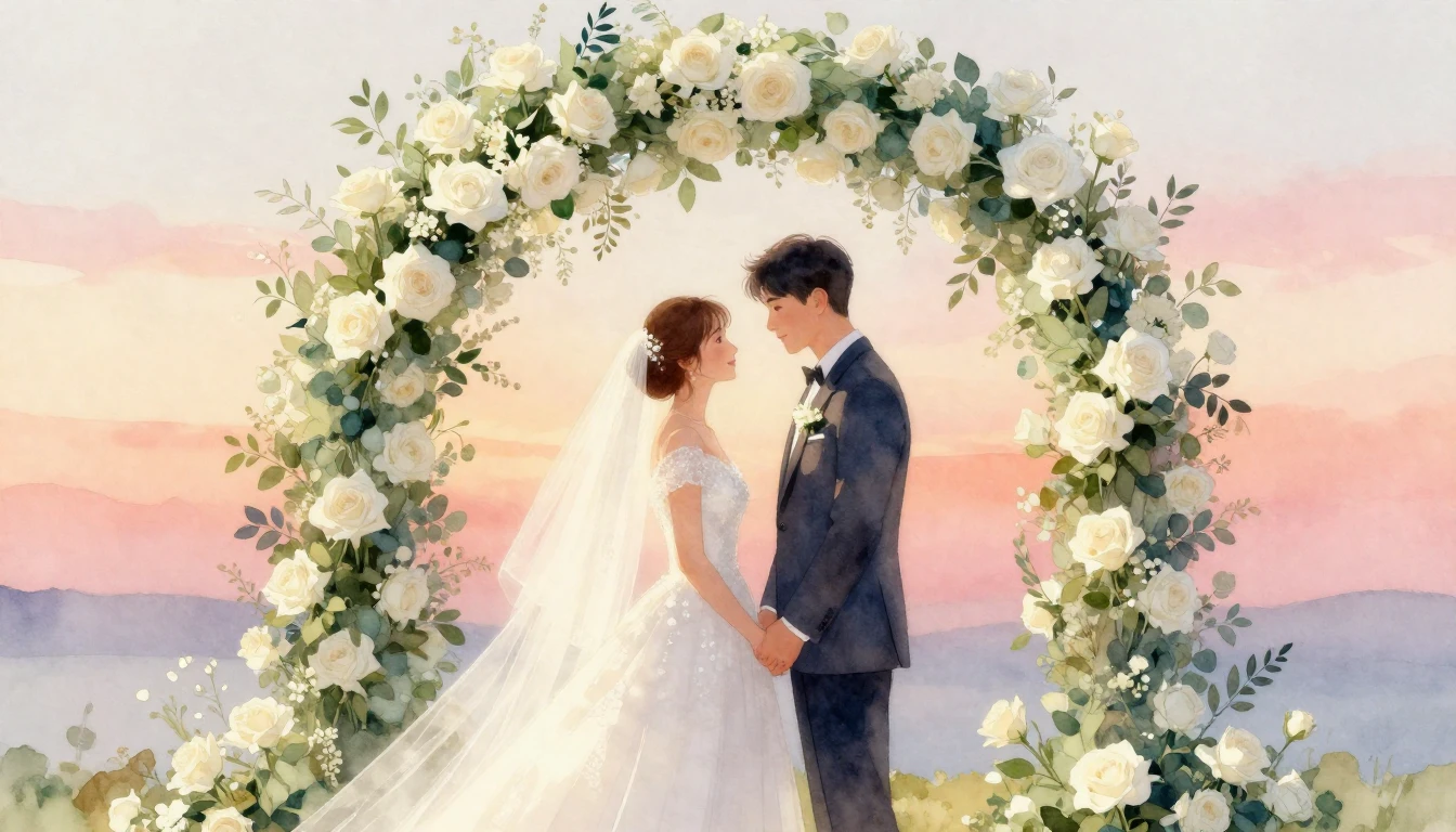 A soft and dreamy watercolor painting of a bride and groom s...