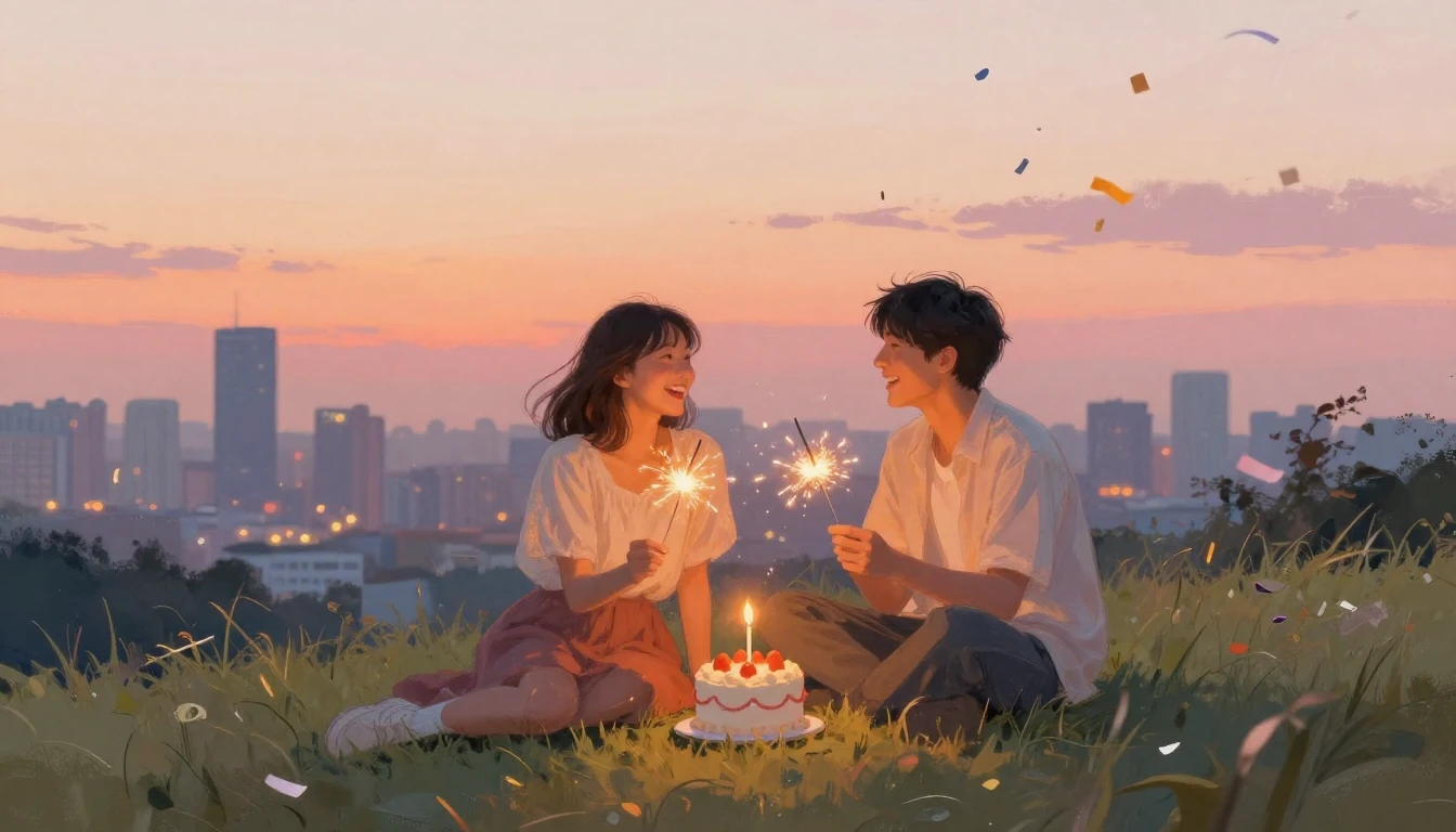 Two best friends sitting side by side on a grassy hill overl...