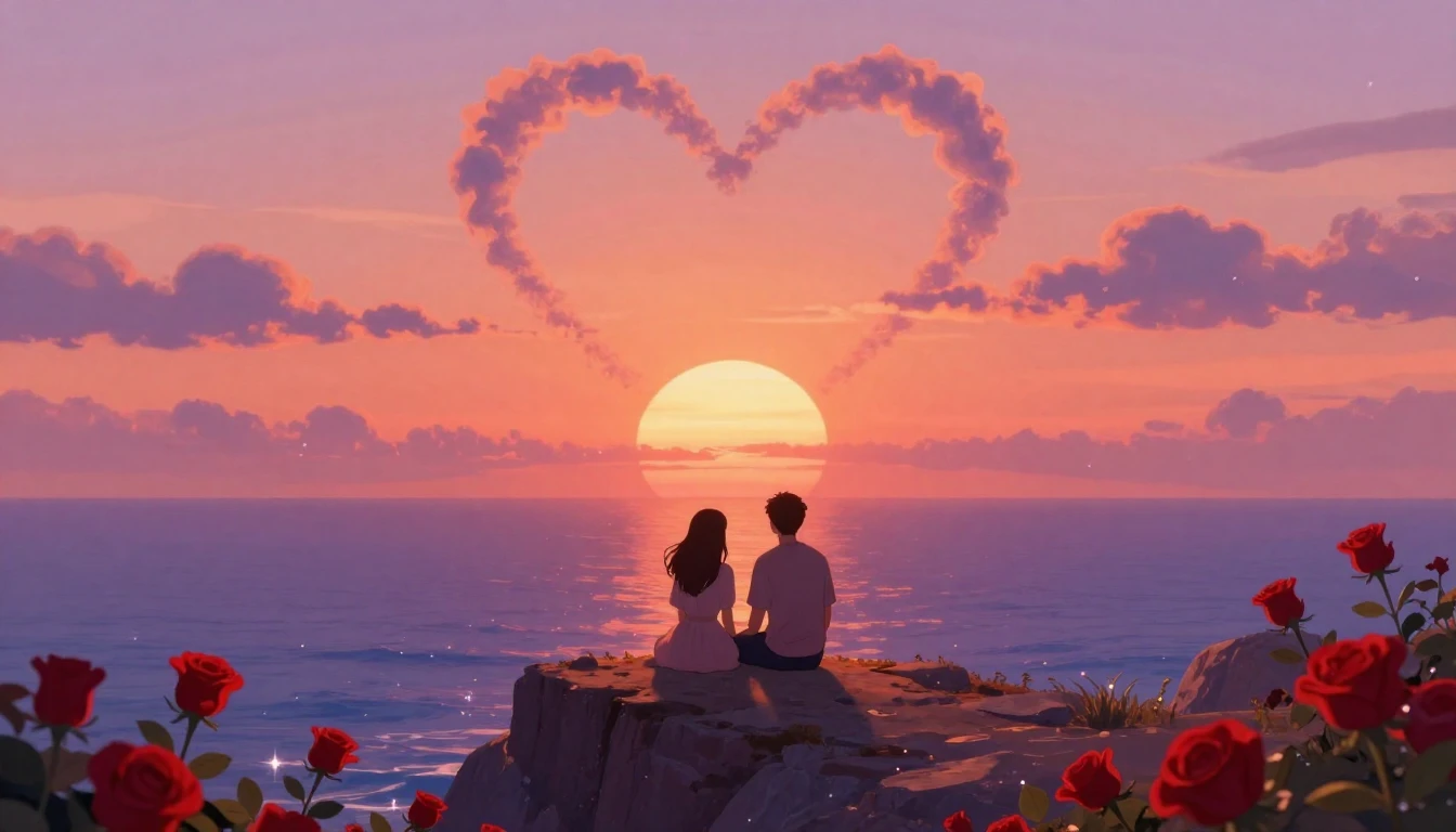 A romantic and magical illustration of a couple sitting on a...