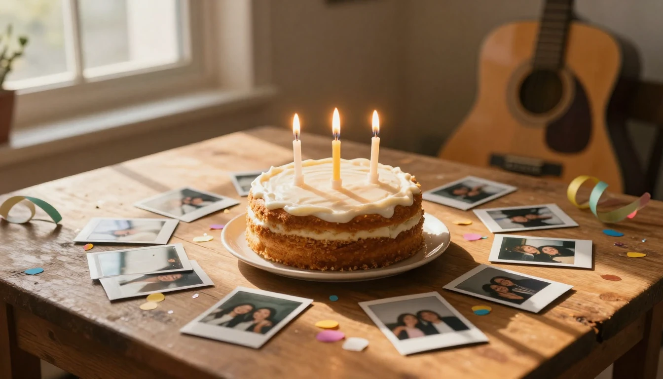 A warm and nostalgic scene on a rustic wooden table. In the ...