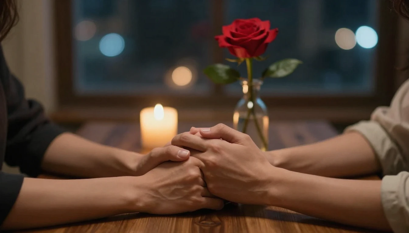 A cinematic close-up shot of a couple holding hands across a...
