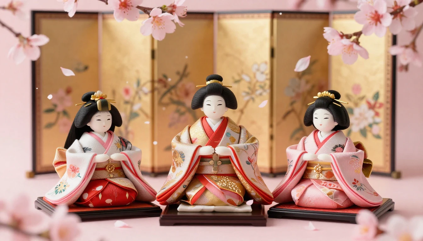 A beautiful arrangement of traditional Japanese Hina dolls, ...