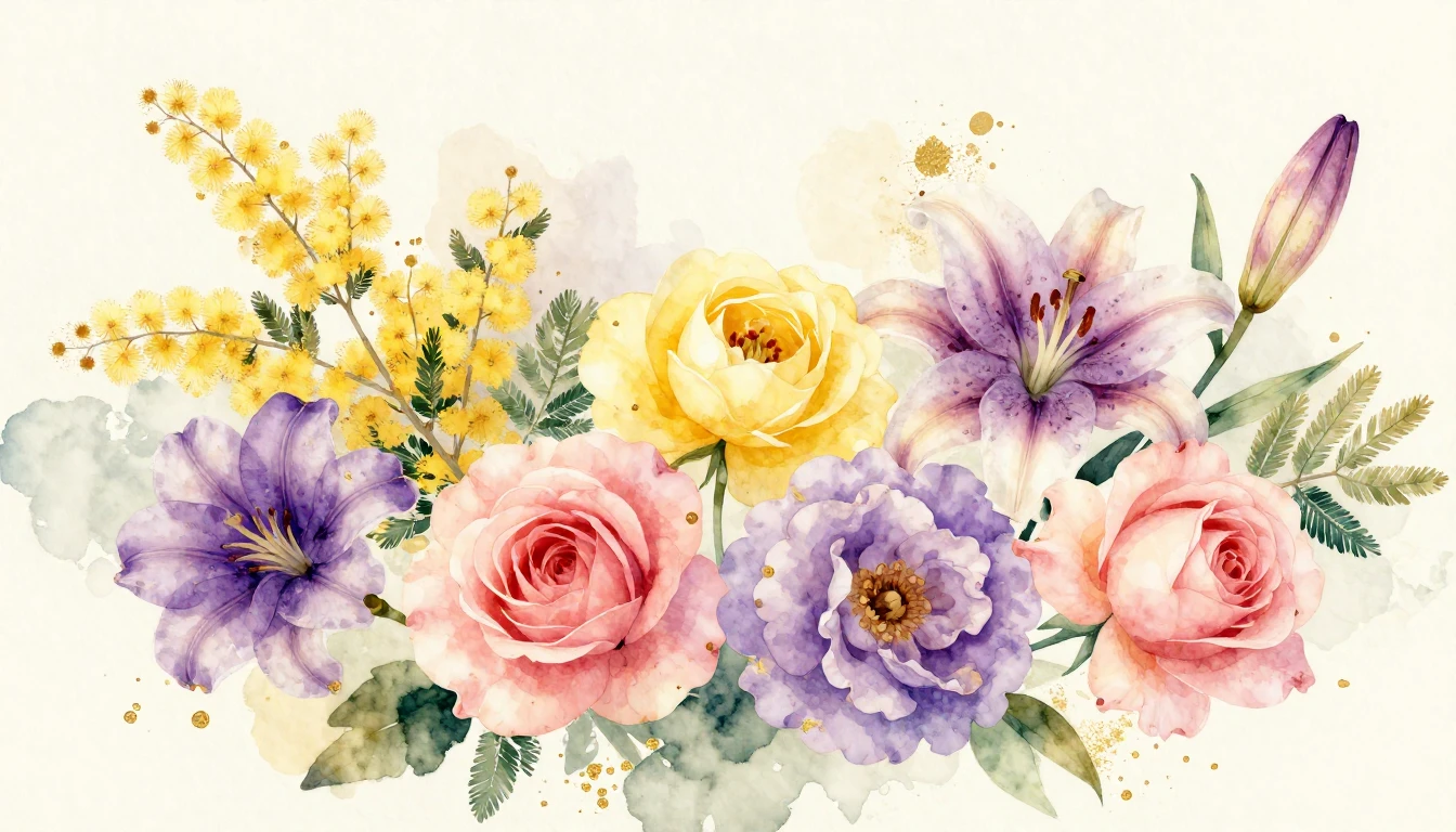 A vibrant watercolor painting featuring a variety of bloomin...