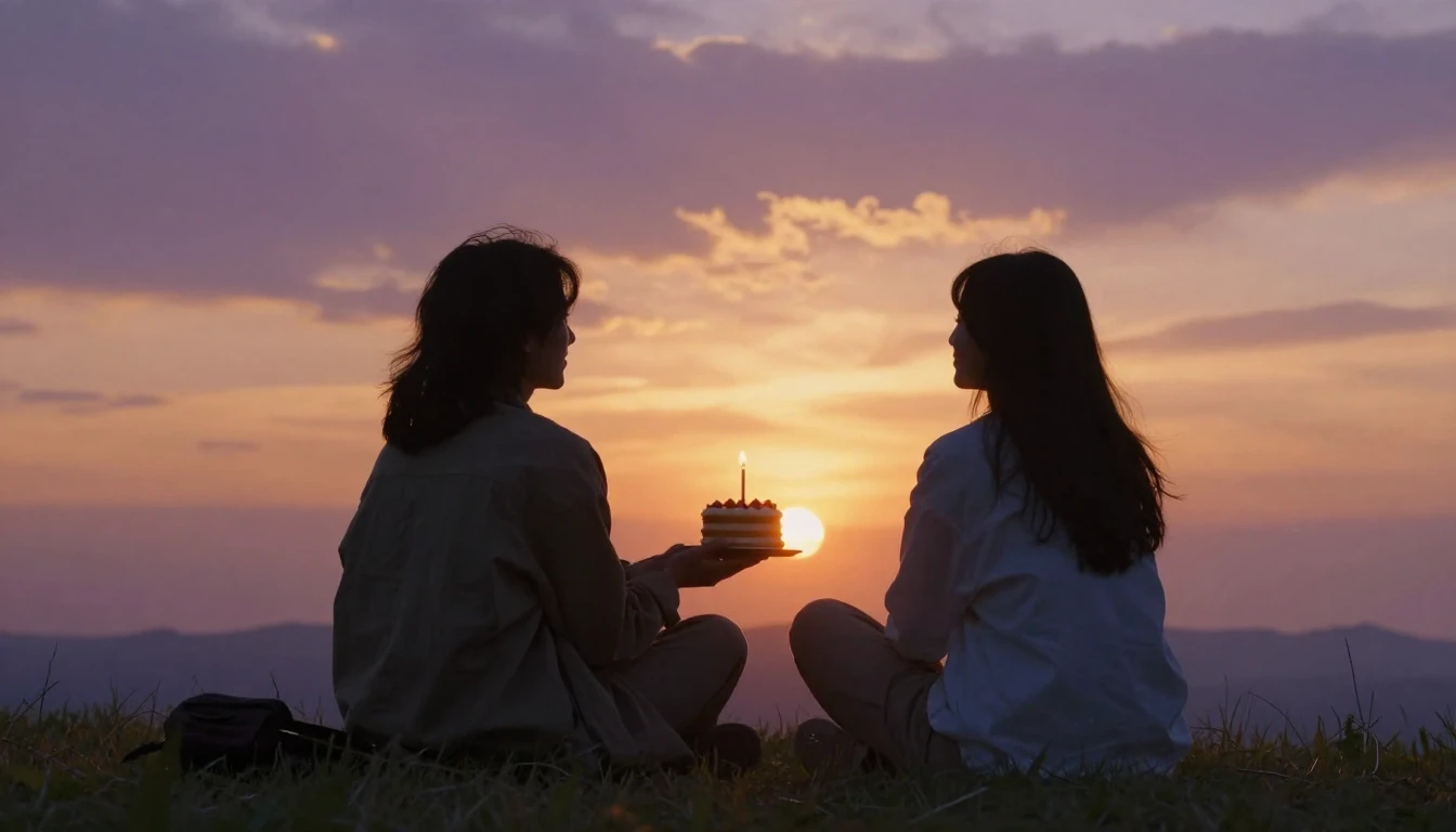Two friends sitting on a grassy hill watching a warm sunset,...