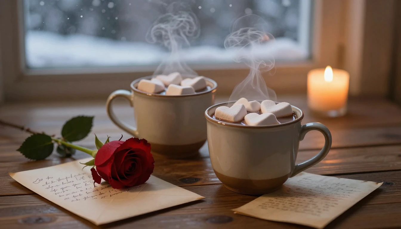 A cozy, romantic close-up scene on a wooden table. Two ceram...