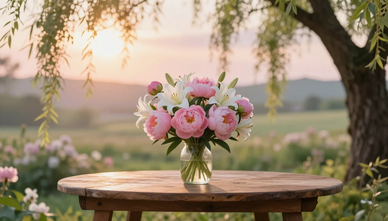 A beautiful and serene scene featuring a blooming garden at ...