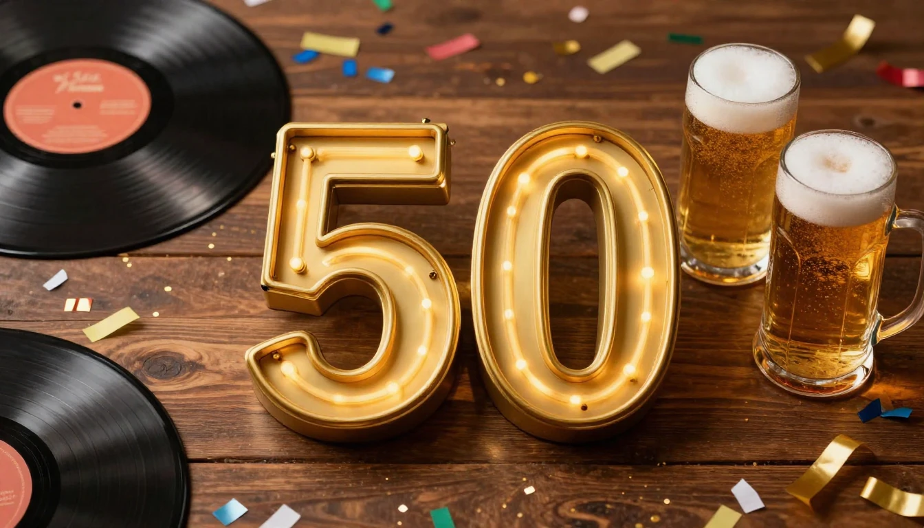 A festive and vintage-style album cover celebrating a 50th b...