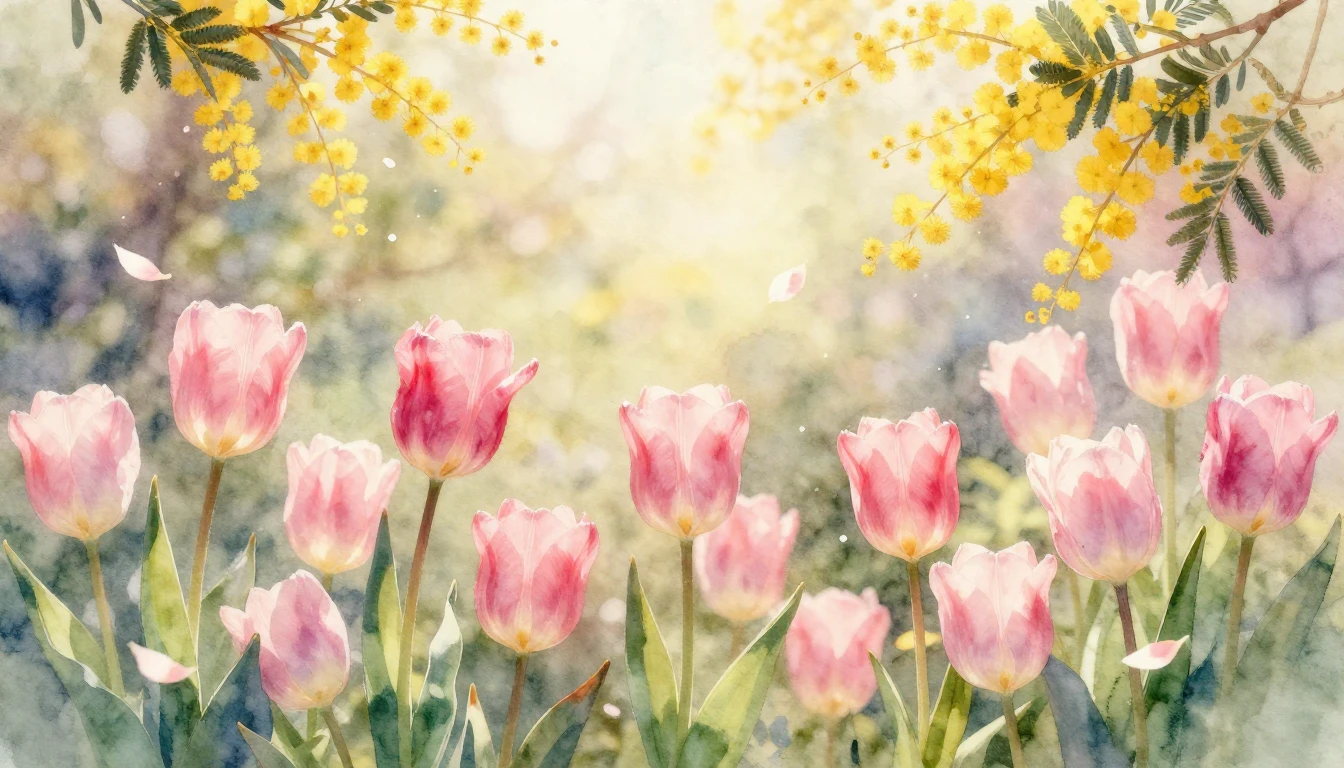 A delicate watercolor painting of a blooming spring garden. ...