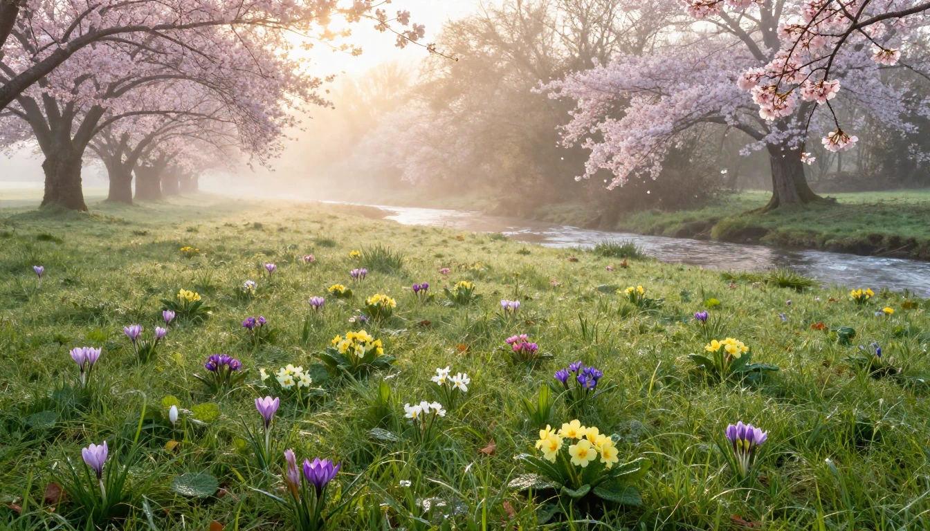 A breathtaking landscape of a lush meadow at dawn. Delicate ...