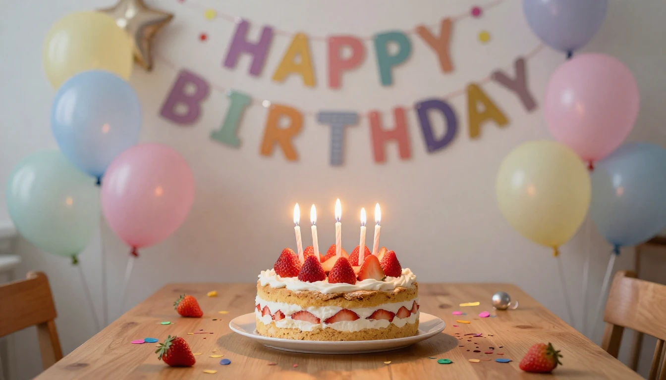 A vibrant and festive birthday celebration scene featuring a...