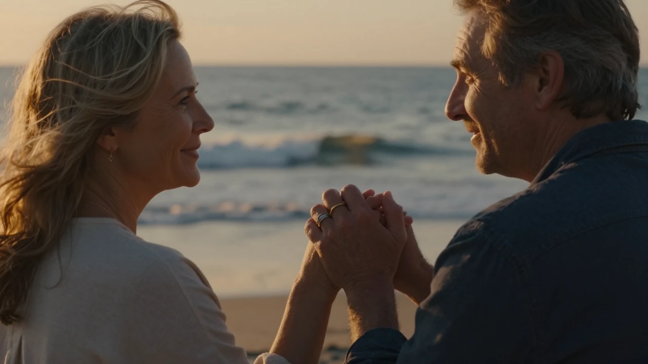 An evocative and romantic scene of a loving mature couple ho...