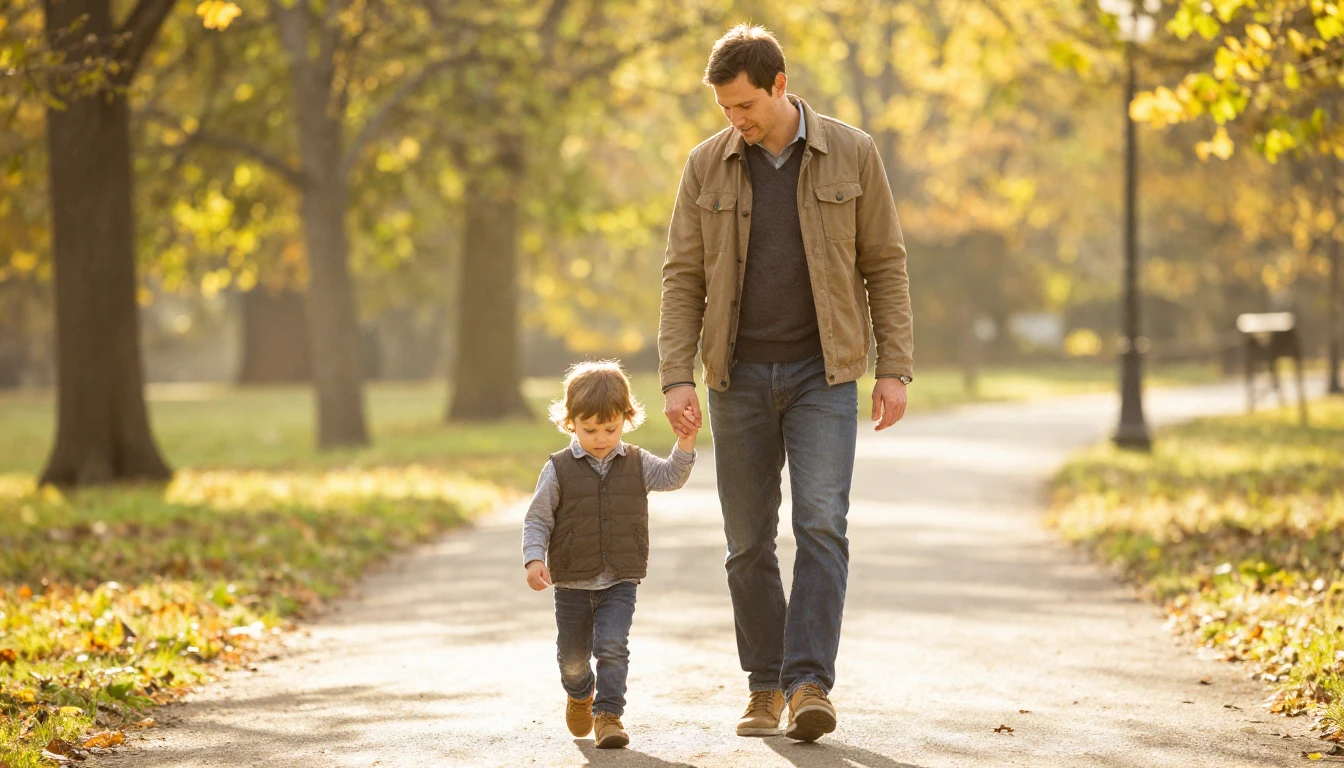 A heartwarming scene of a father and his young child walking...