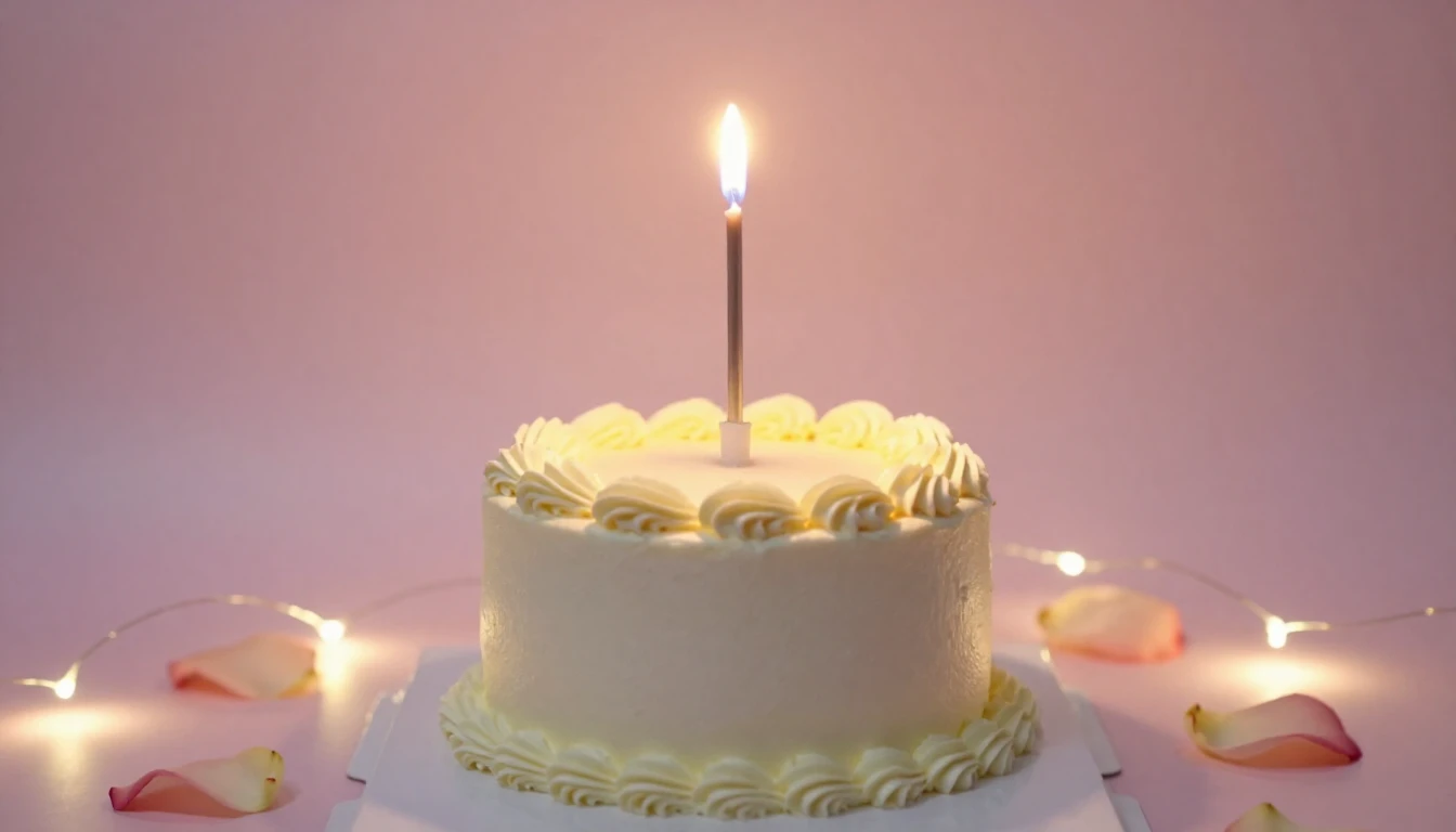 A beautiful and elegant birthday cake with a single glowing ...