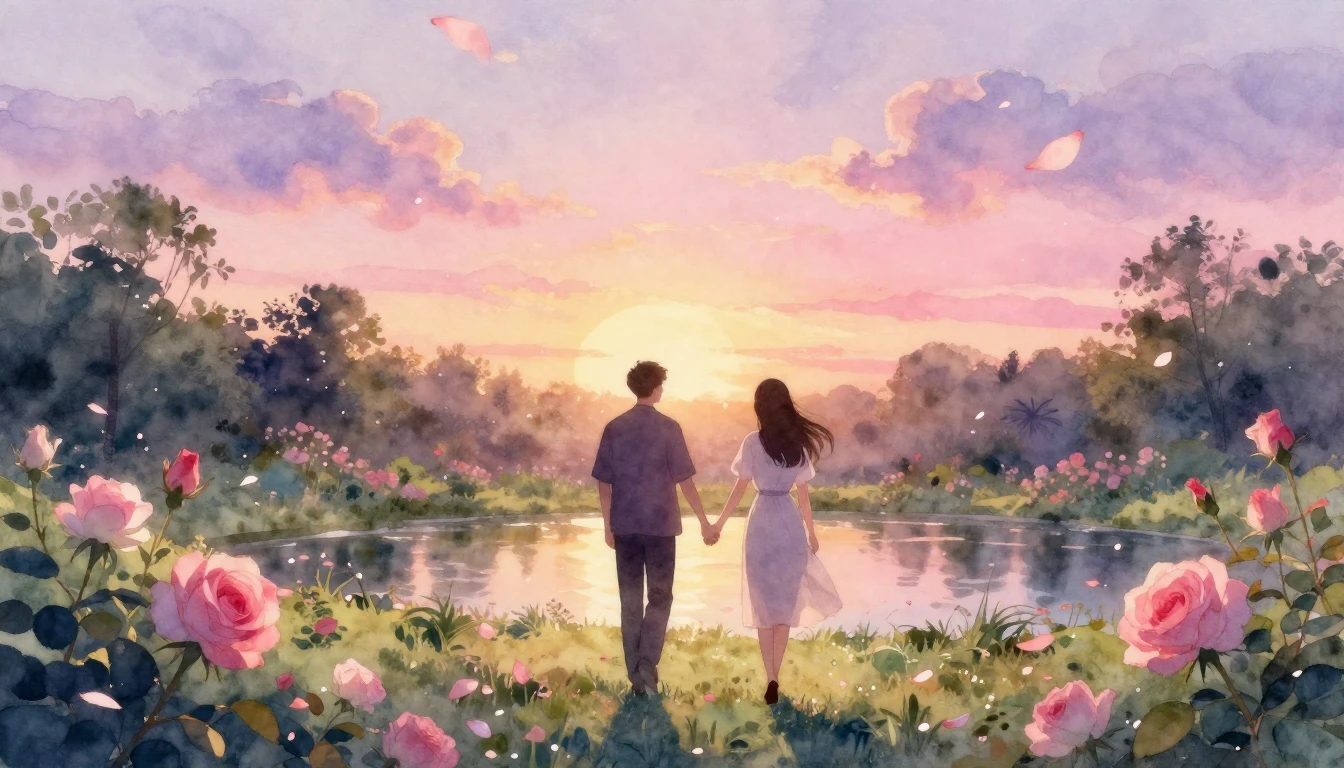 A dreamlike watercolor painting of two silhouettes walking h...