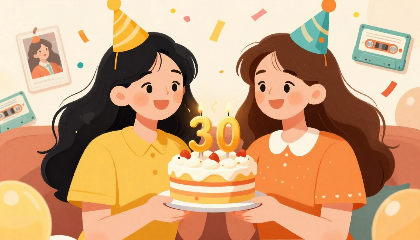 A warm and festive illustration of two best friends celebrat...