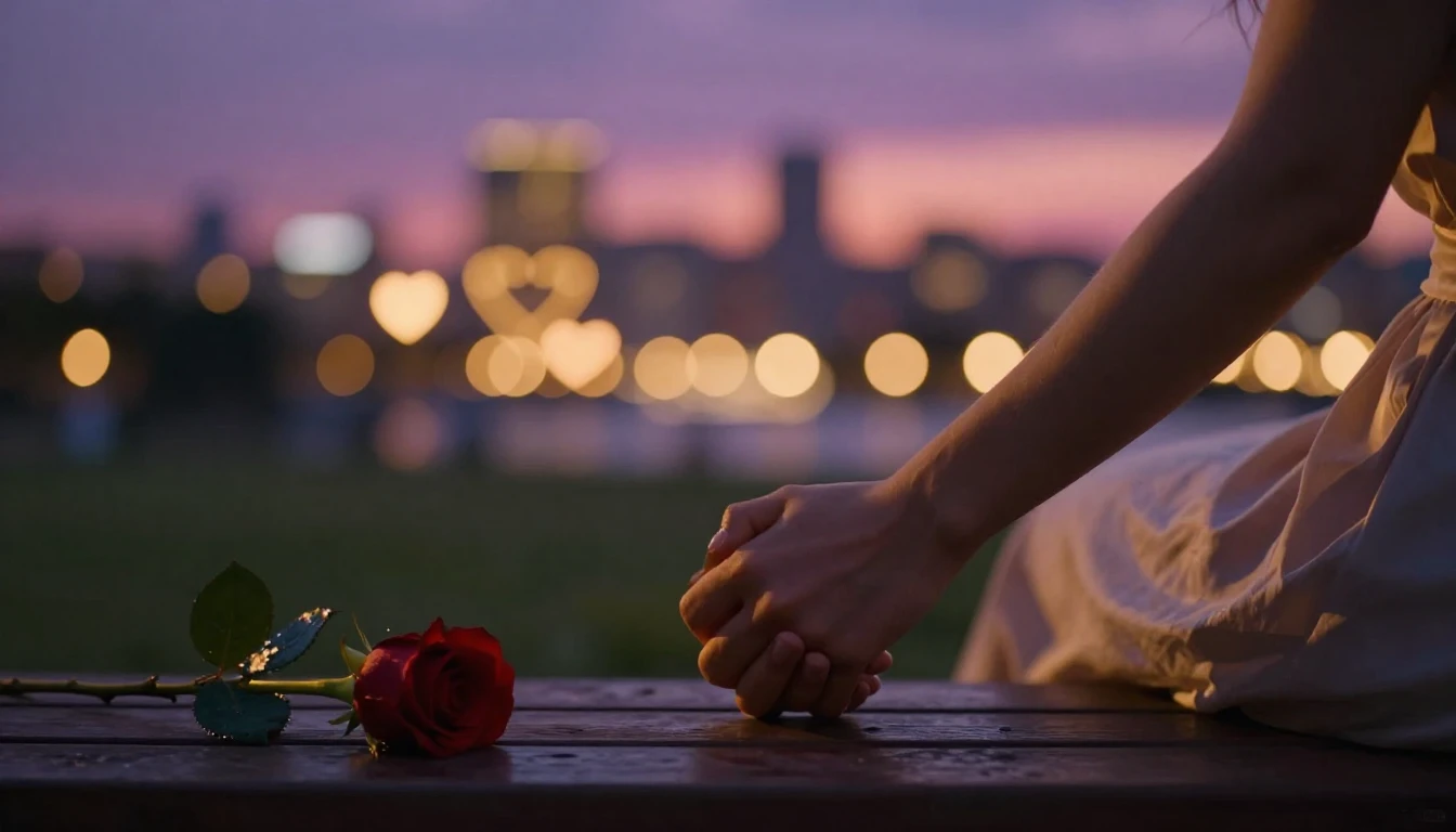 A cinematic, romantic close-up shot of a couple holding hand...