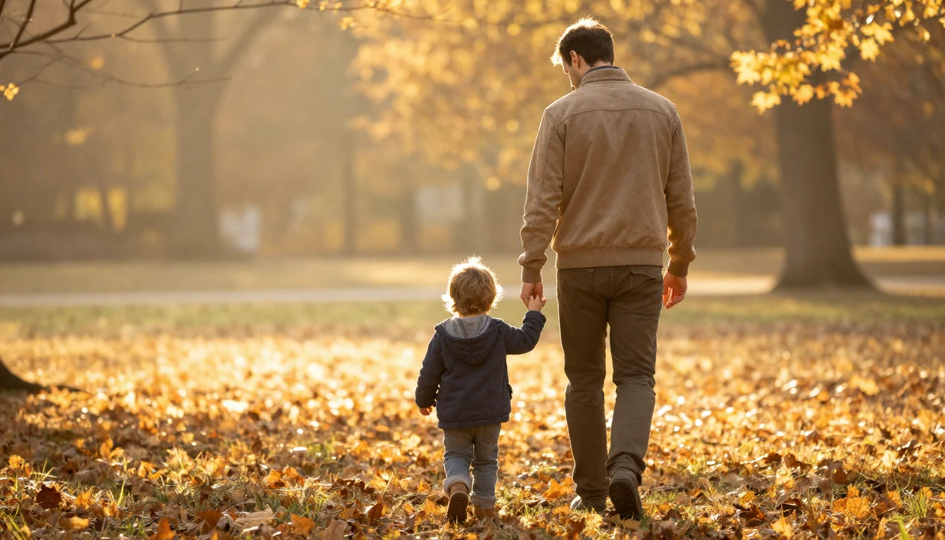 A warm and nostalgic scene of a father and child walking tog...