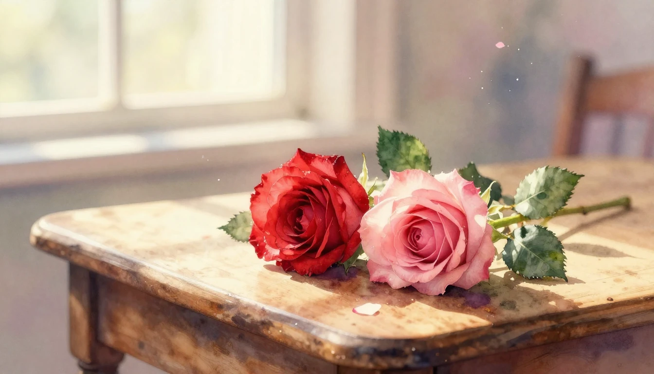 A delicate watercolor painting of two intertwined red and pi...