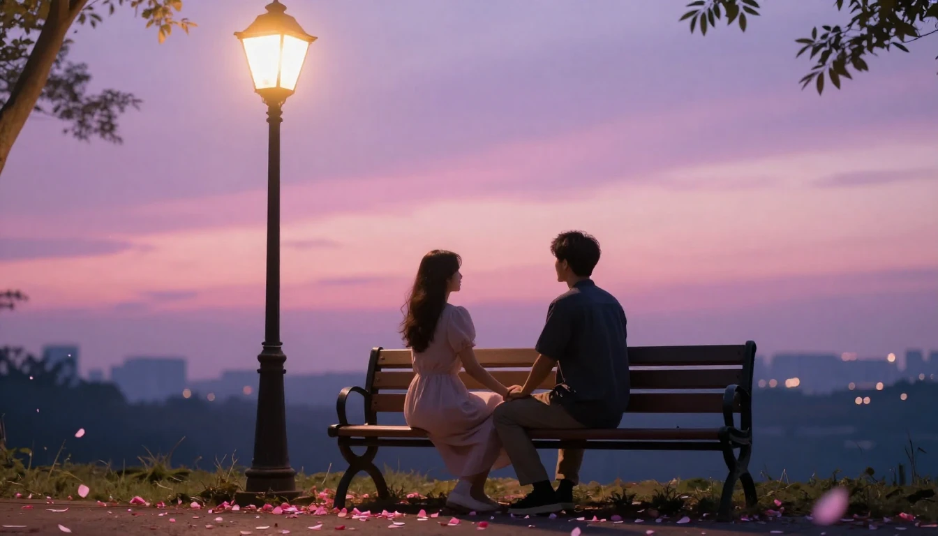 A romantic scene of a couple holding hands sitting on a park...