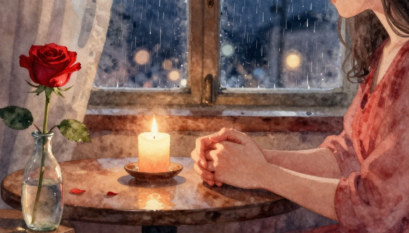 A romantic and intimate scene painted in soft watercolor. A ...