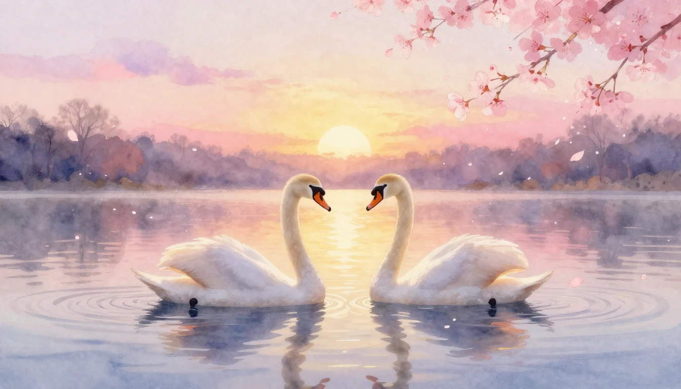 A soft watercolor painting of two elegant swans gliding on a...