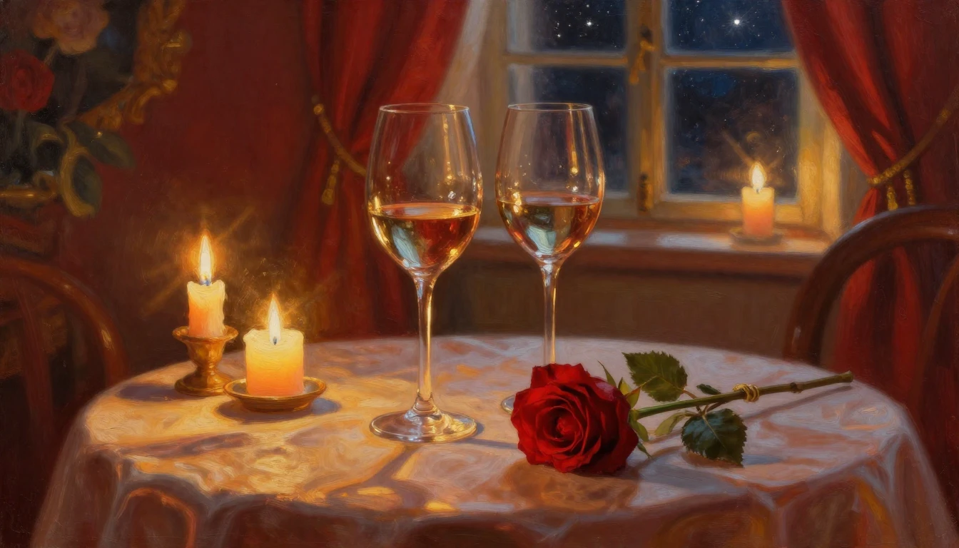 An exquisite oil painting of two elegant wine glasses and a ...