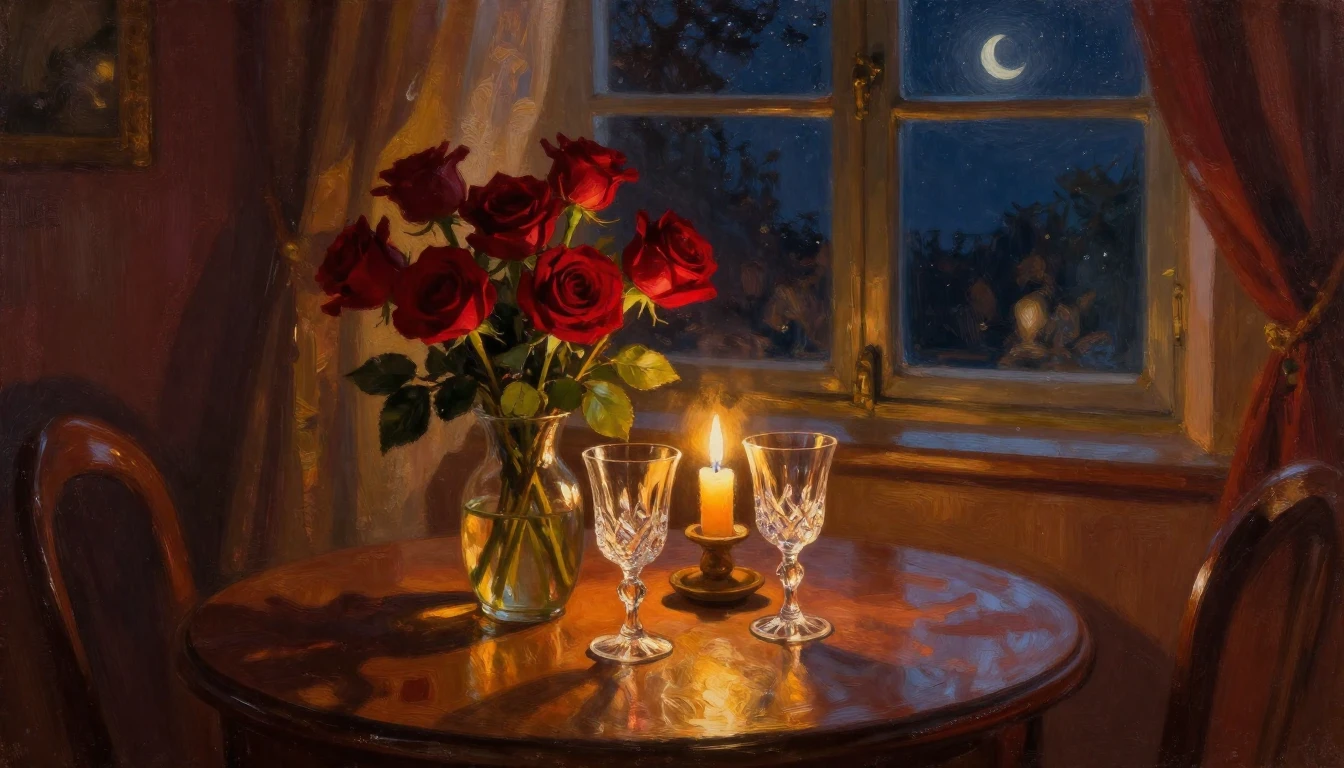 A lush oil painting of a cozy, candlelit room at dusk. On a ...