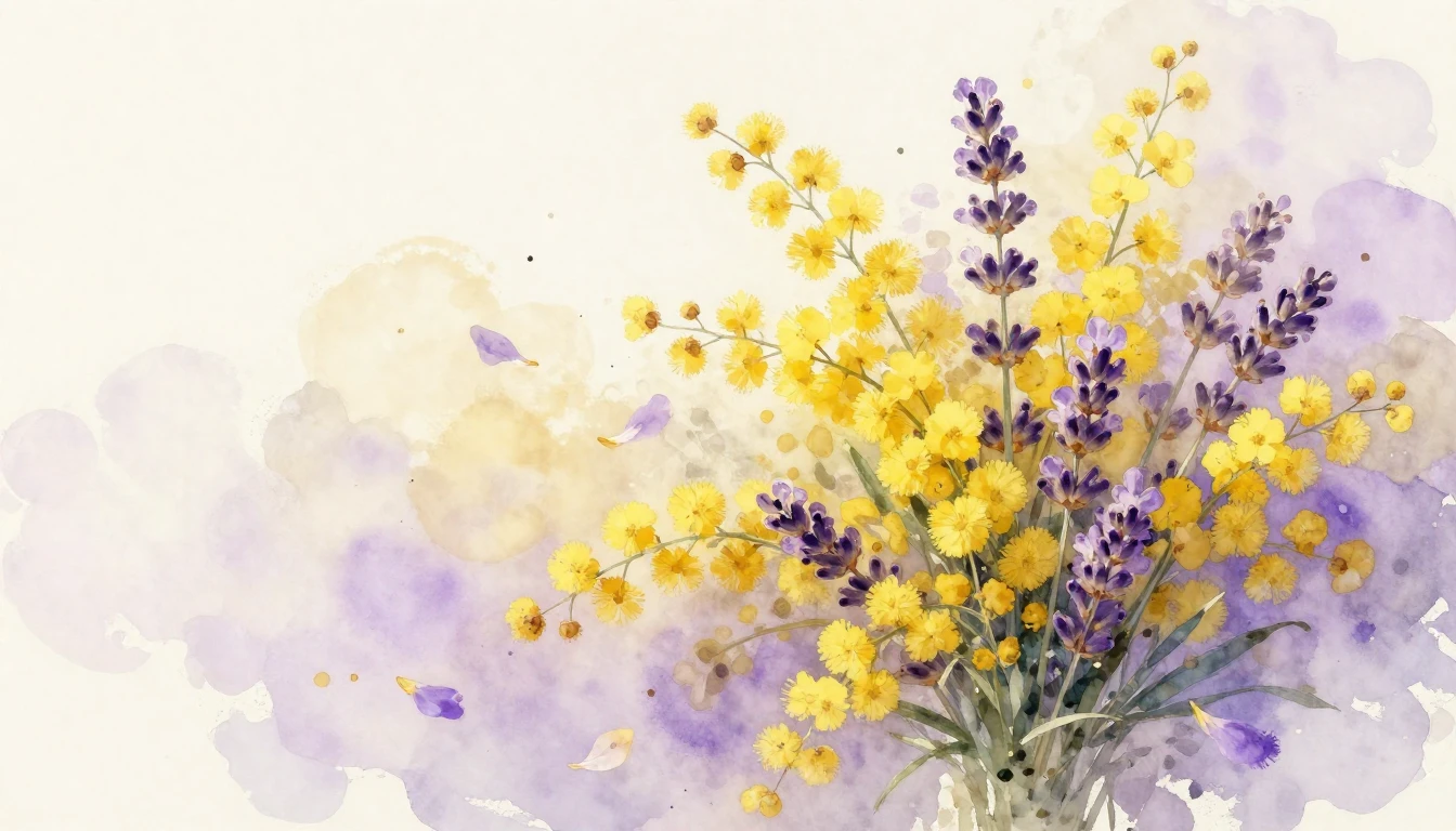 A delicate watercolor painting featuring a lush bouquet of y...
