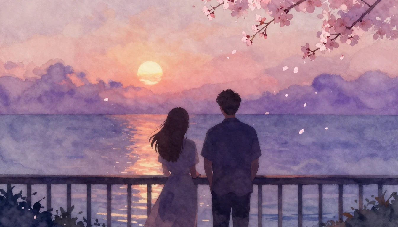 A dreamlike watercolor painting of two silhouettes standing ...