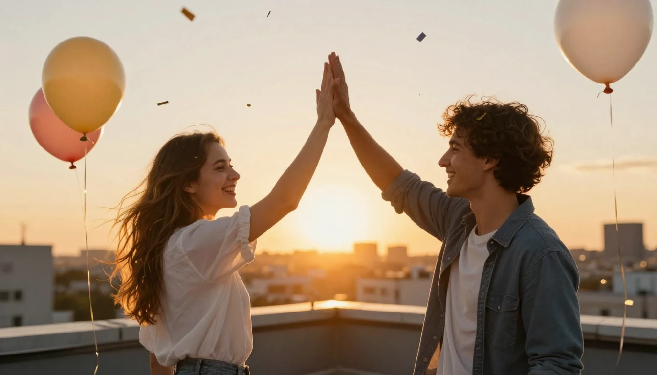 Two best friends standing on a rooftop at sunset, giving eac...