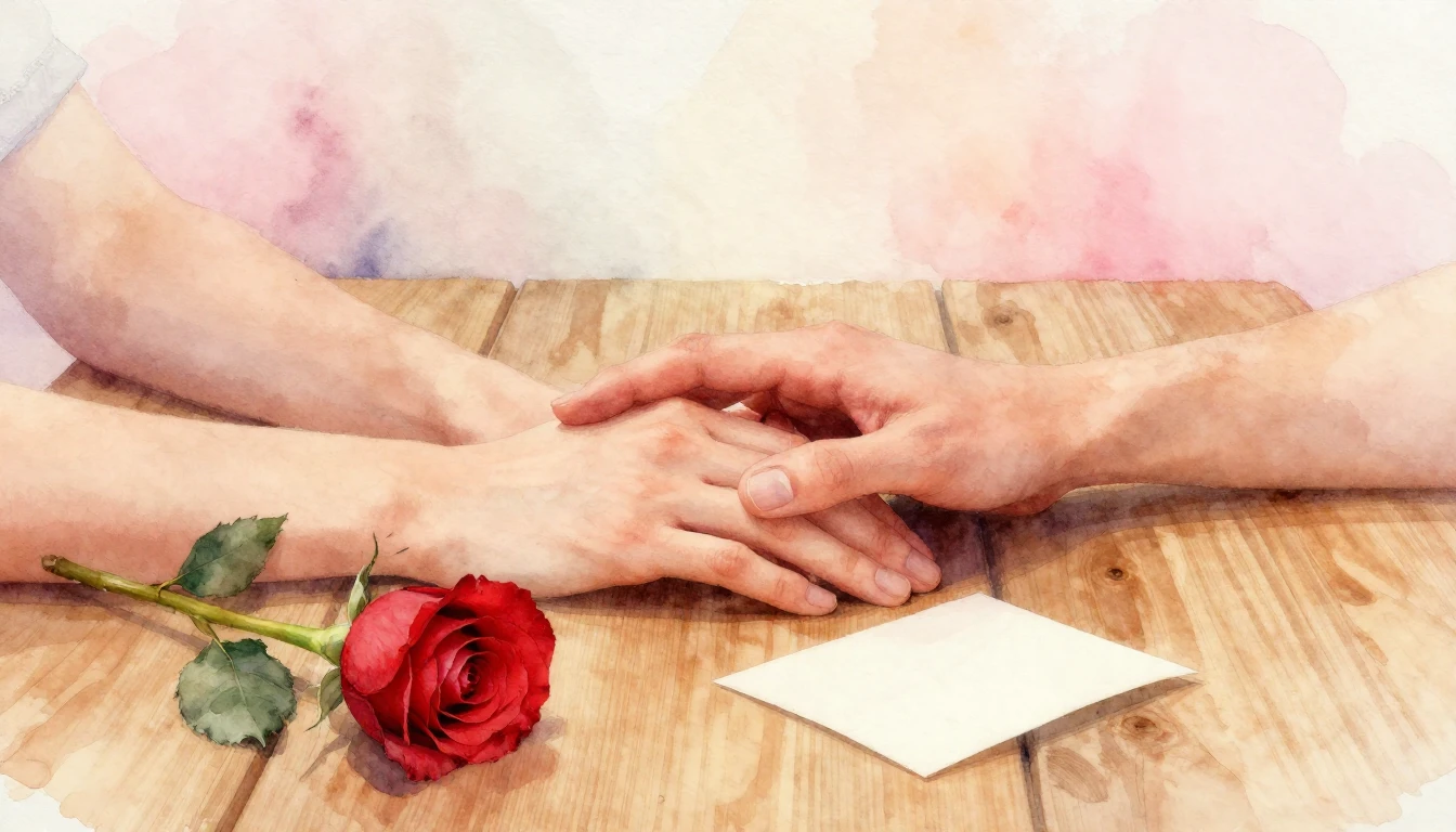 A romantic soft watercolor painting focusing on two hands ho...