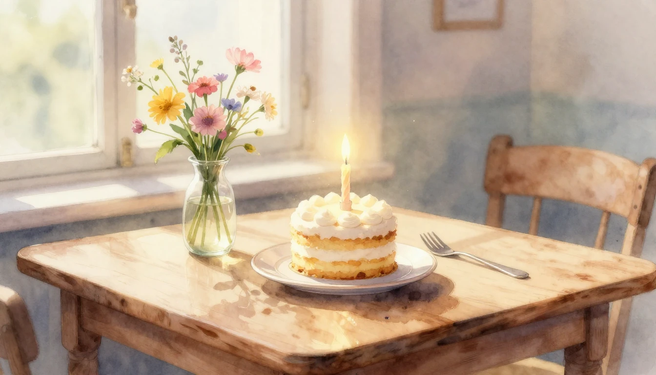 A beautiful watercolor painting of a cozy wooden table decor...