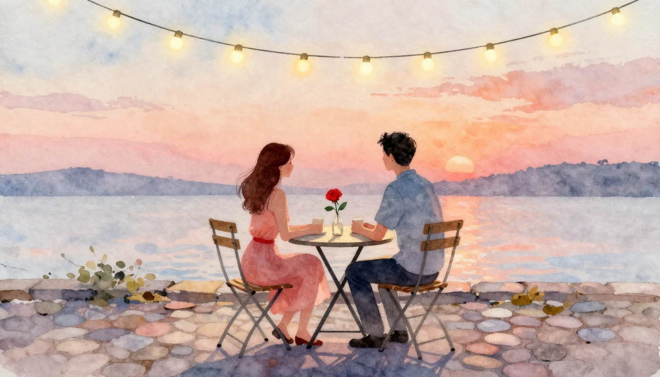 A romantic watercolor painting of a couple sitting at a smal...
