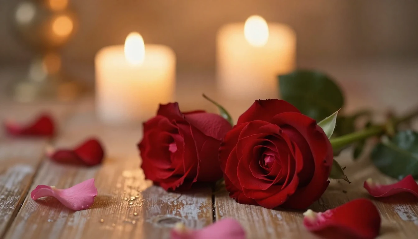 A beautiful and delicate scene featuring two red roses resti...