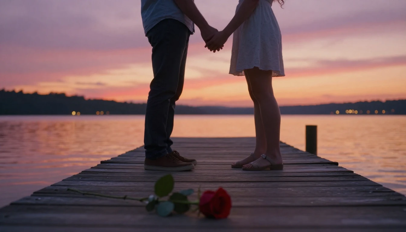 A cinematic, ultra-detailed shot of a couple holding hands o...