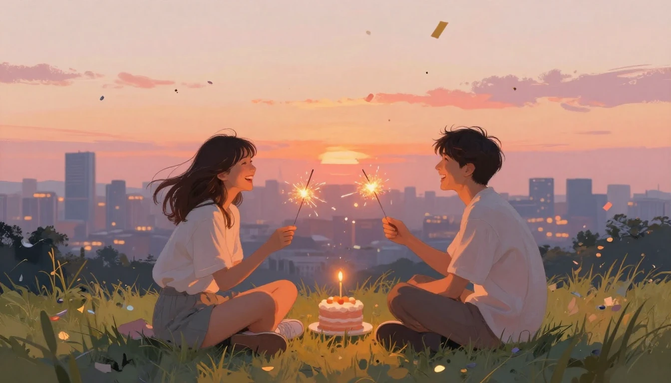 Two best friends sitting side by side on a grassy hill overl...