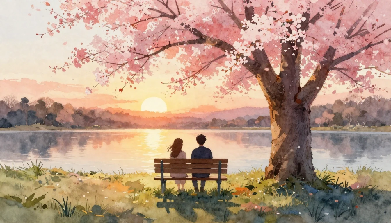 A beautiful watercolor painting depicting two silhouettes si...