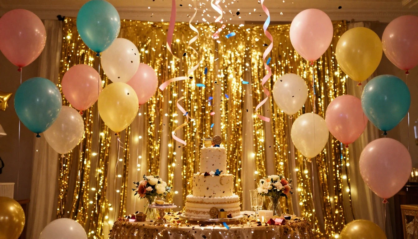 A vibrant and festive scene depicting a grand celebration. T...